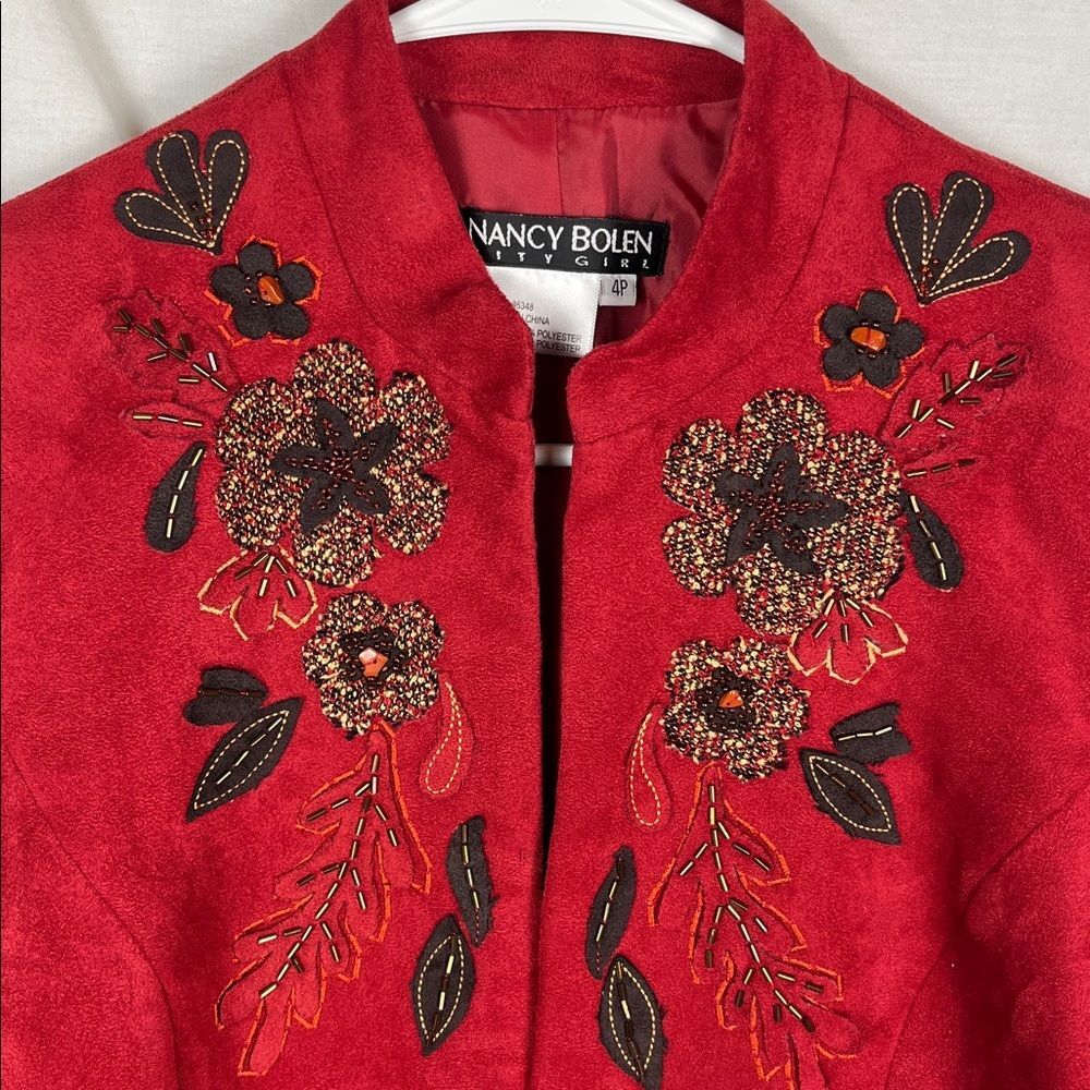 NWOT Nancy Bolen City Girl Faux Suede Beaded Floral Blazer
